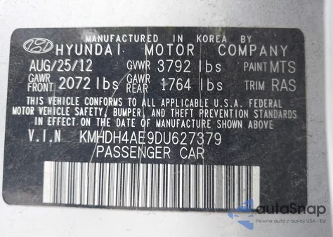2013 Hyundai Elantra Limited from USA, damaged, VIN KMHDH4AE9DU627379